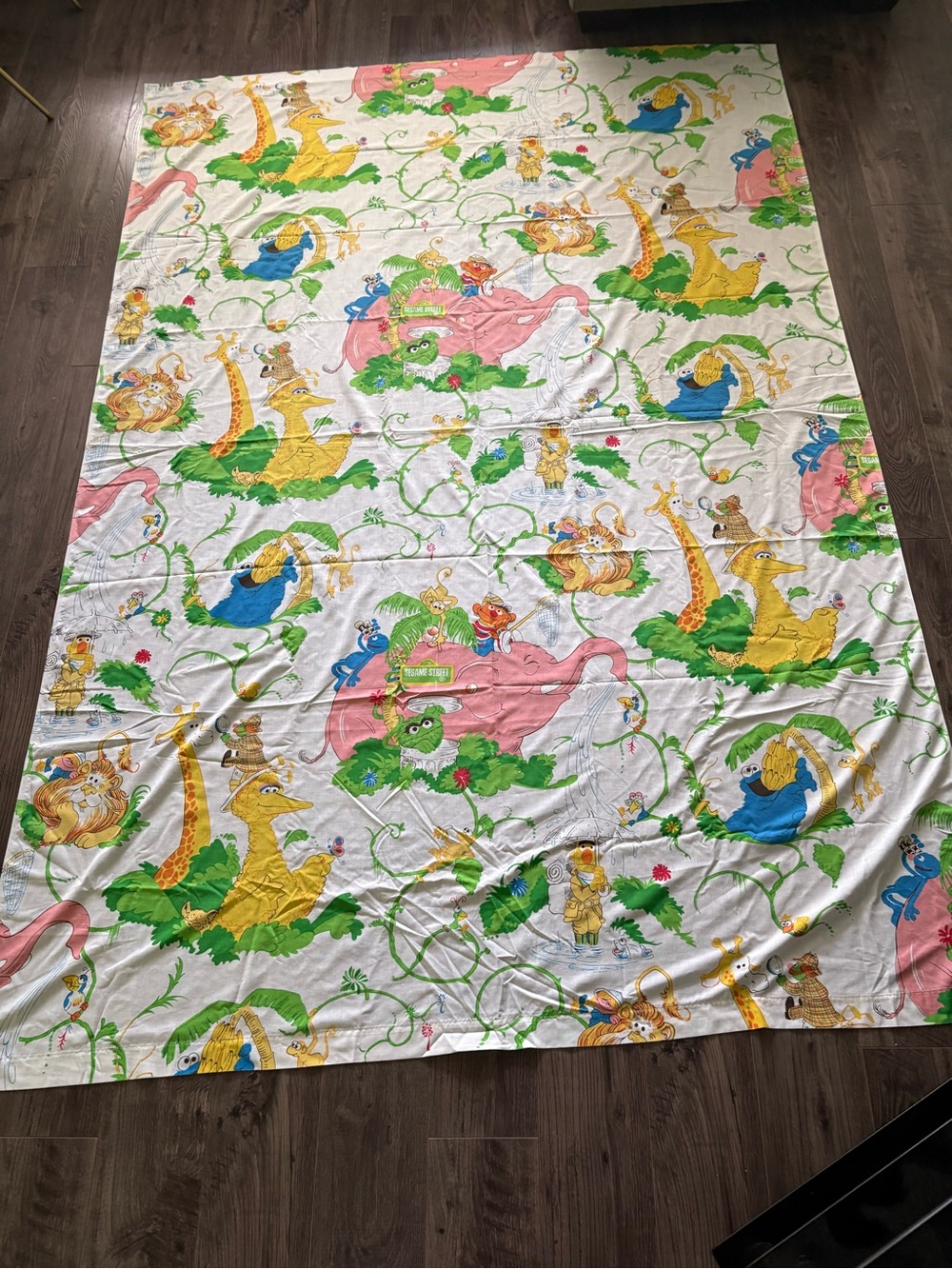 Vintage Sesame Street twin size flat sheet Safari Jungle Themed 70s